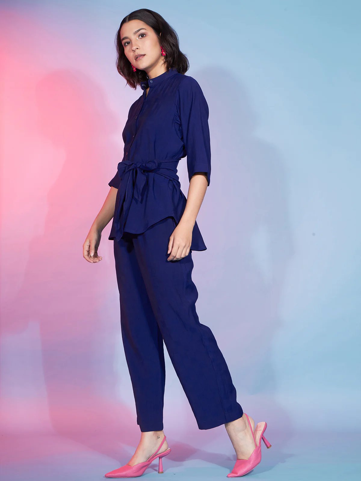 Odette Women Navy Blue Viscose Rayon Solid Co-Ord Set - Image 2
