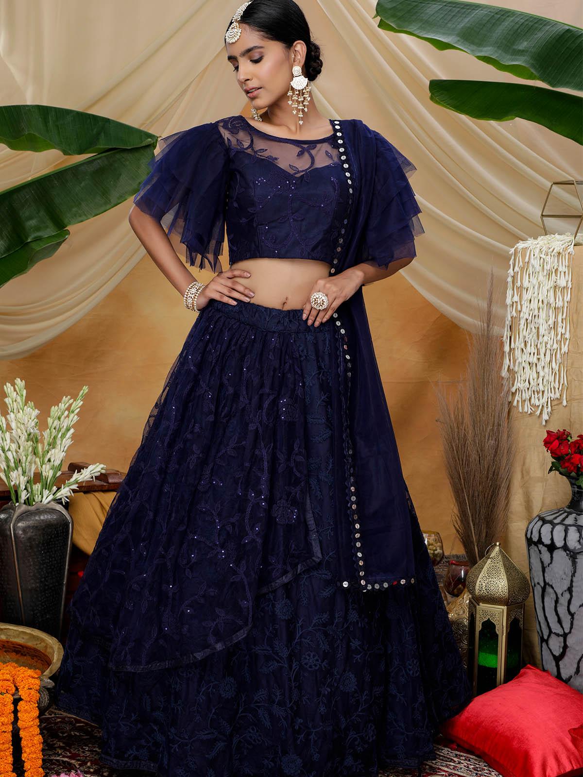 Odette Women Navy Sequins Net Semi Stitched Lehenga With  Unstitched Blouse - Image 3