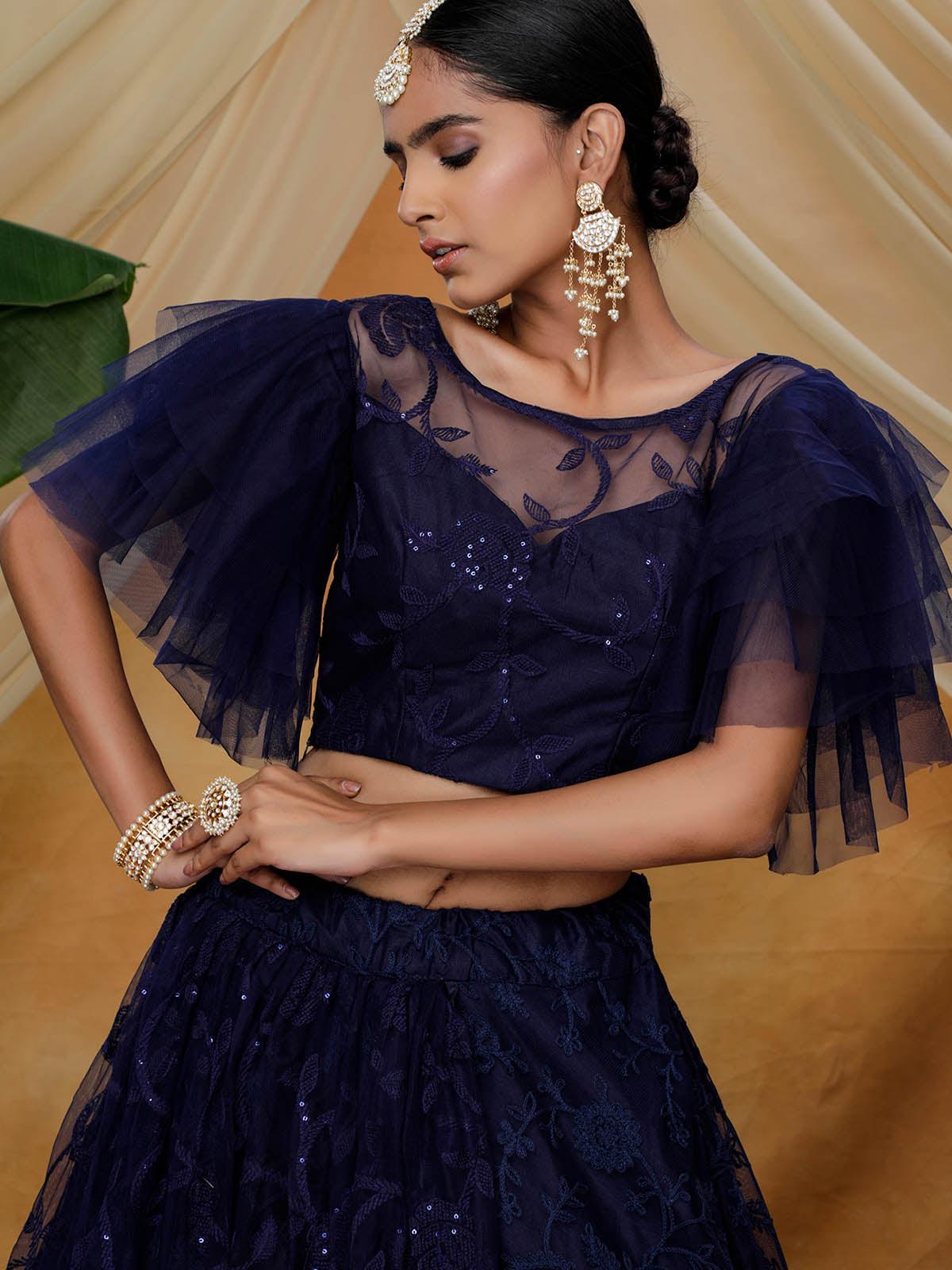 Odette Women Navy Sequins Net Semi Stitched Lehenga With  Unstitched Blouse - Image 4