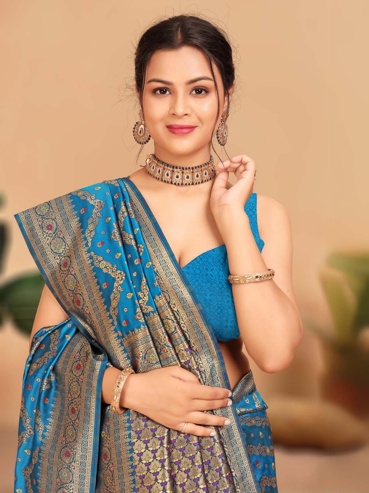 Odette Blue Woven Banasari Silk Saree with Unstitched Blouse for Women - Image 5