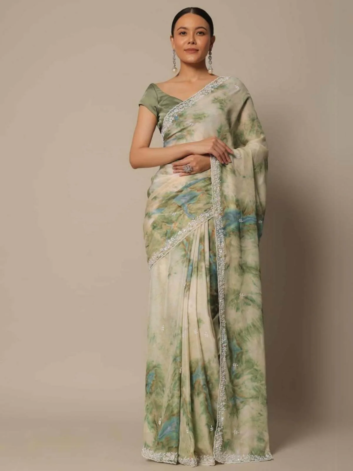 Odette Green Printed Georgette Saree with Unstitched Blouse for Women - Image 2