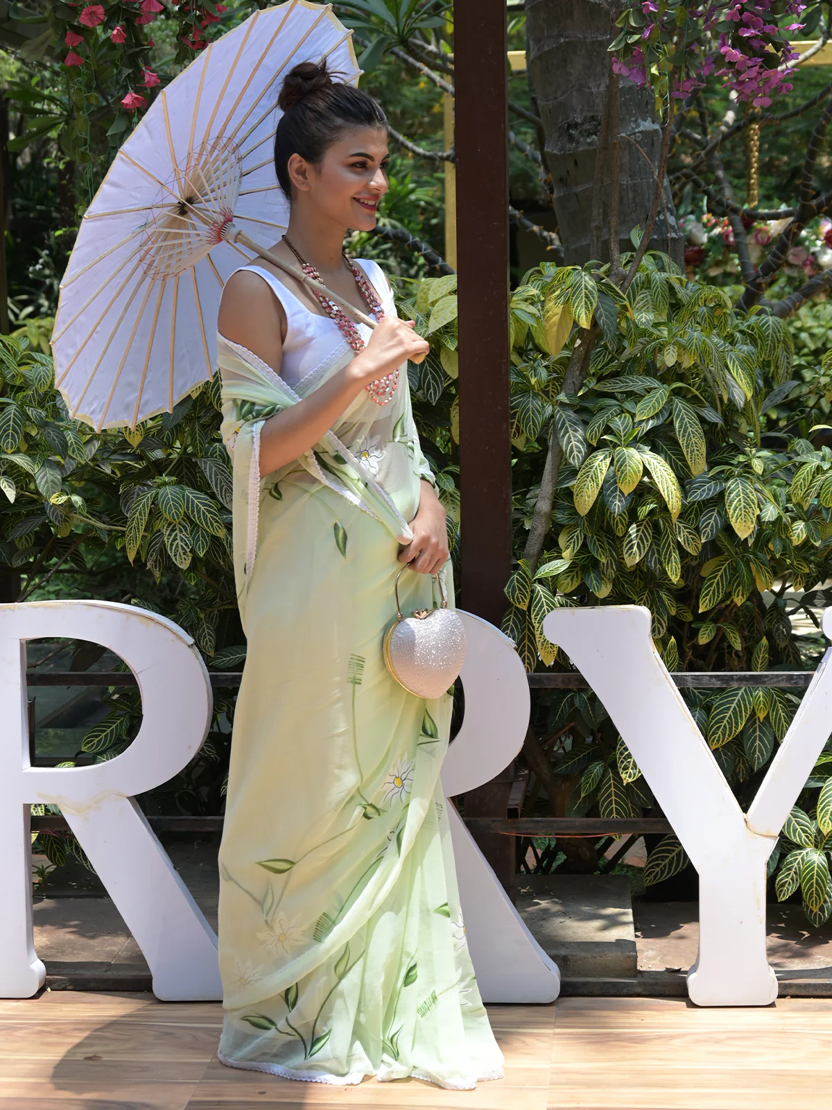 Odette Light Green Printed Chiffon Saree with Unstitched Blouse for Women - Image 2
