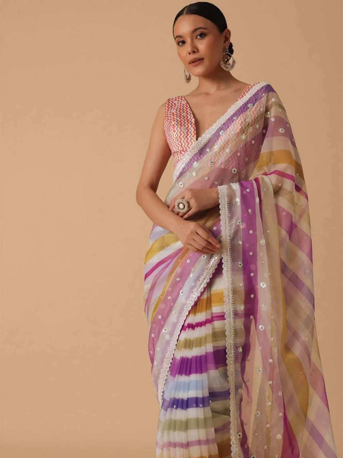 Odette Multicolor Printed Georgette Saree with Unstitched Blouse for Women - Image 2