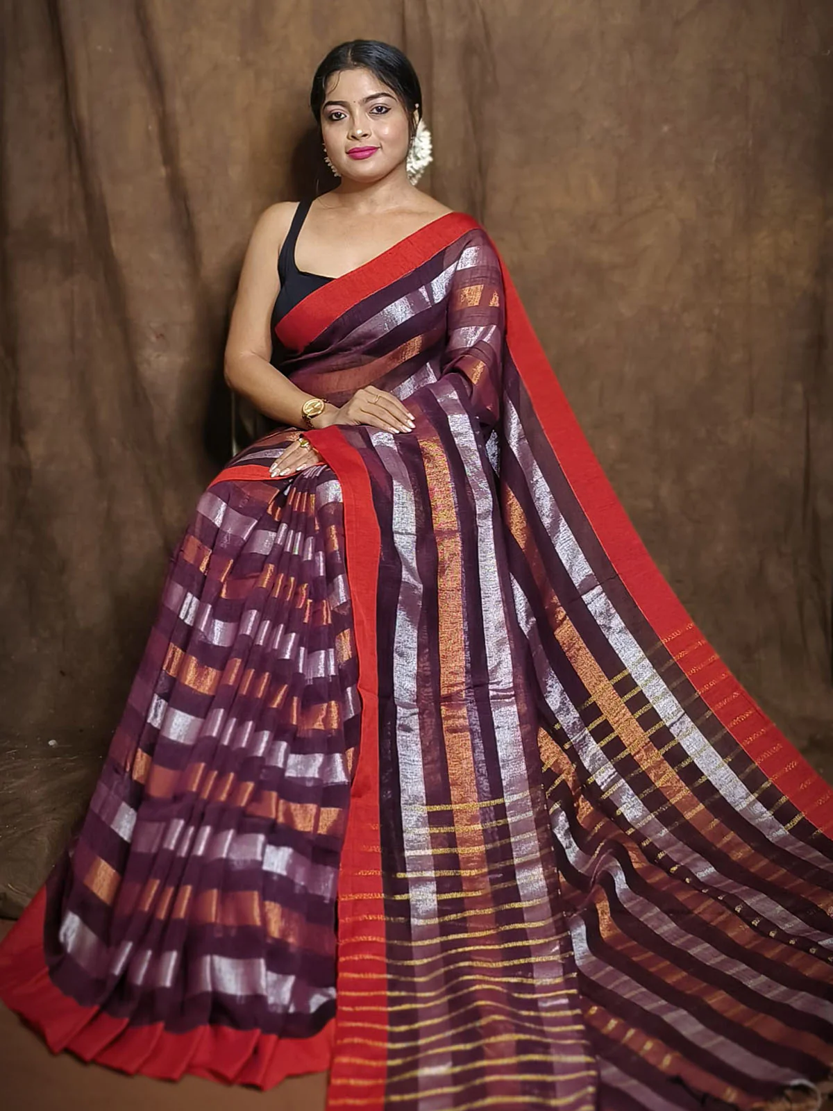 Odette Purple Woven Cotton Saree with Unstitched Blouse for Women - Image 2