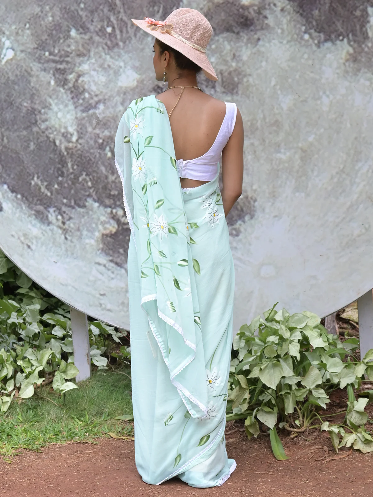 Odett Sea Green Printed Chiffon Saree with Unstitched Blouse for Women - Image 3