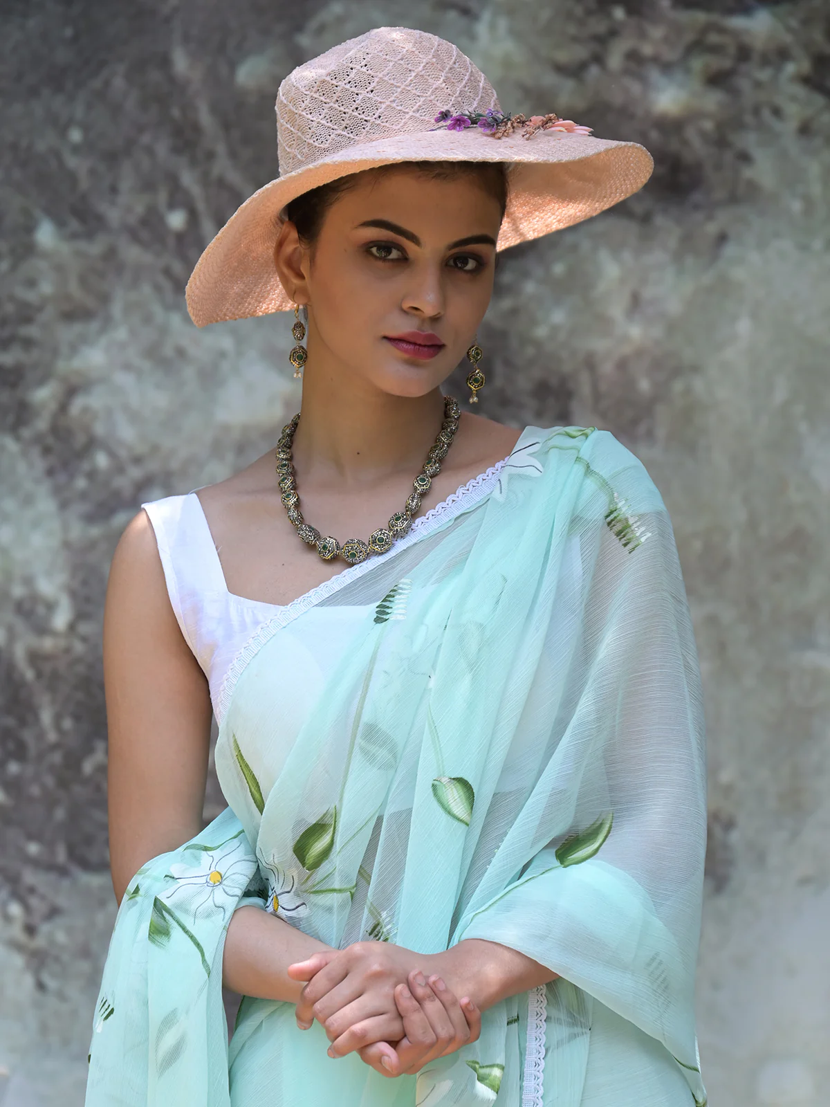 Odett Sea Green Printed Chiffon Saree with Unstitched Blouse for Women - Image 4