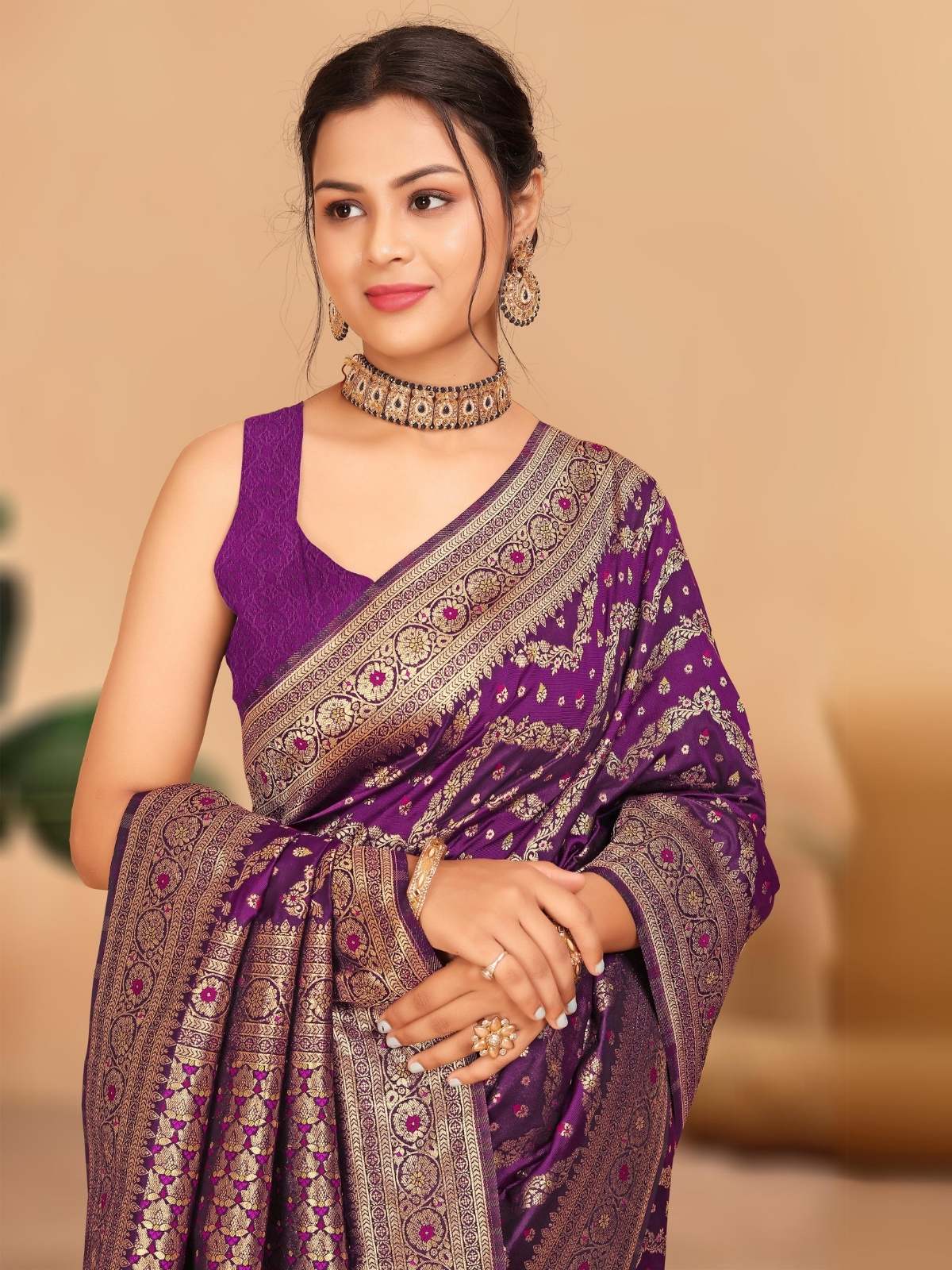 Odette Purple Woven Banasari Silk Saree with Unstitched Blouse for Women - Image 4