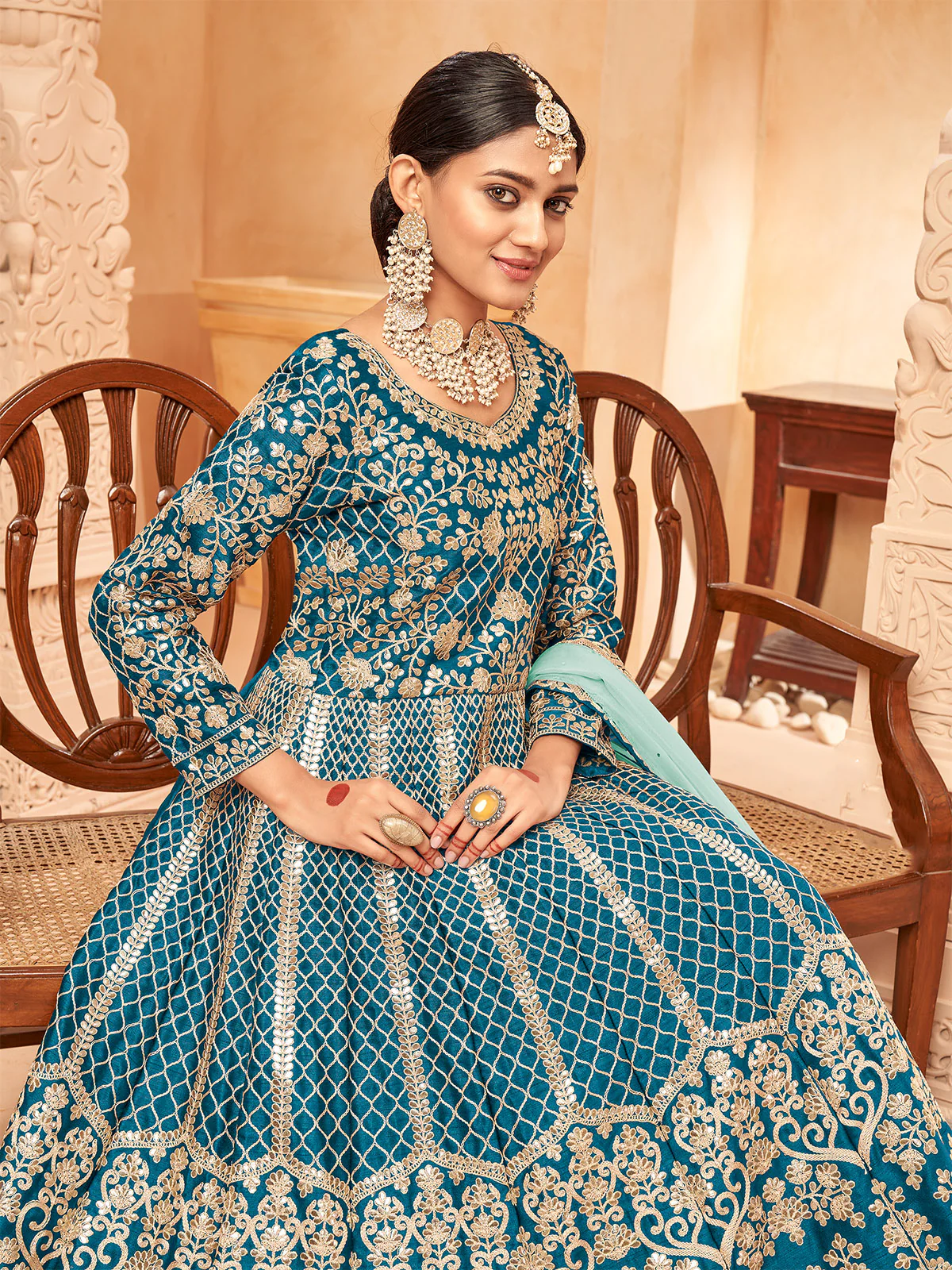 Odette Aqua Art Silk Embroidered Semi stitched Kurta Set For Women - Image 3
