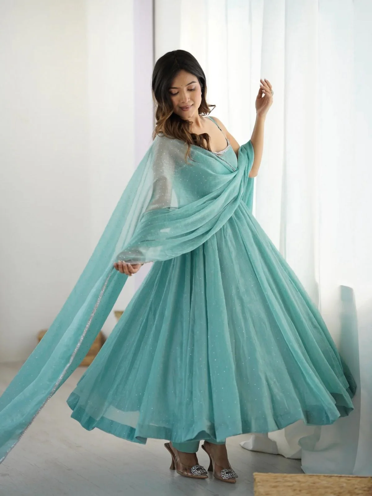 Odette Aqua Blue Crunchy Silk Blend Siloski Work Stitched Kurta Set For Women - Image 2