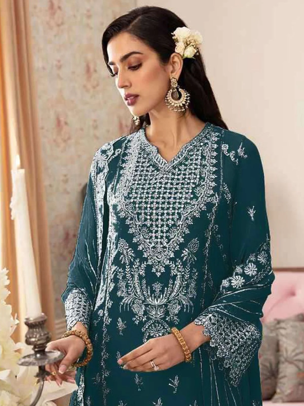 Odette Aqua Blue Georgette Embroidered Semi-Stitched Kurta Set For Women - Image 2