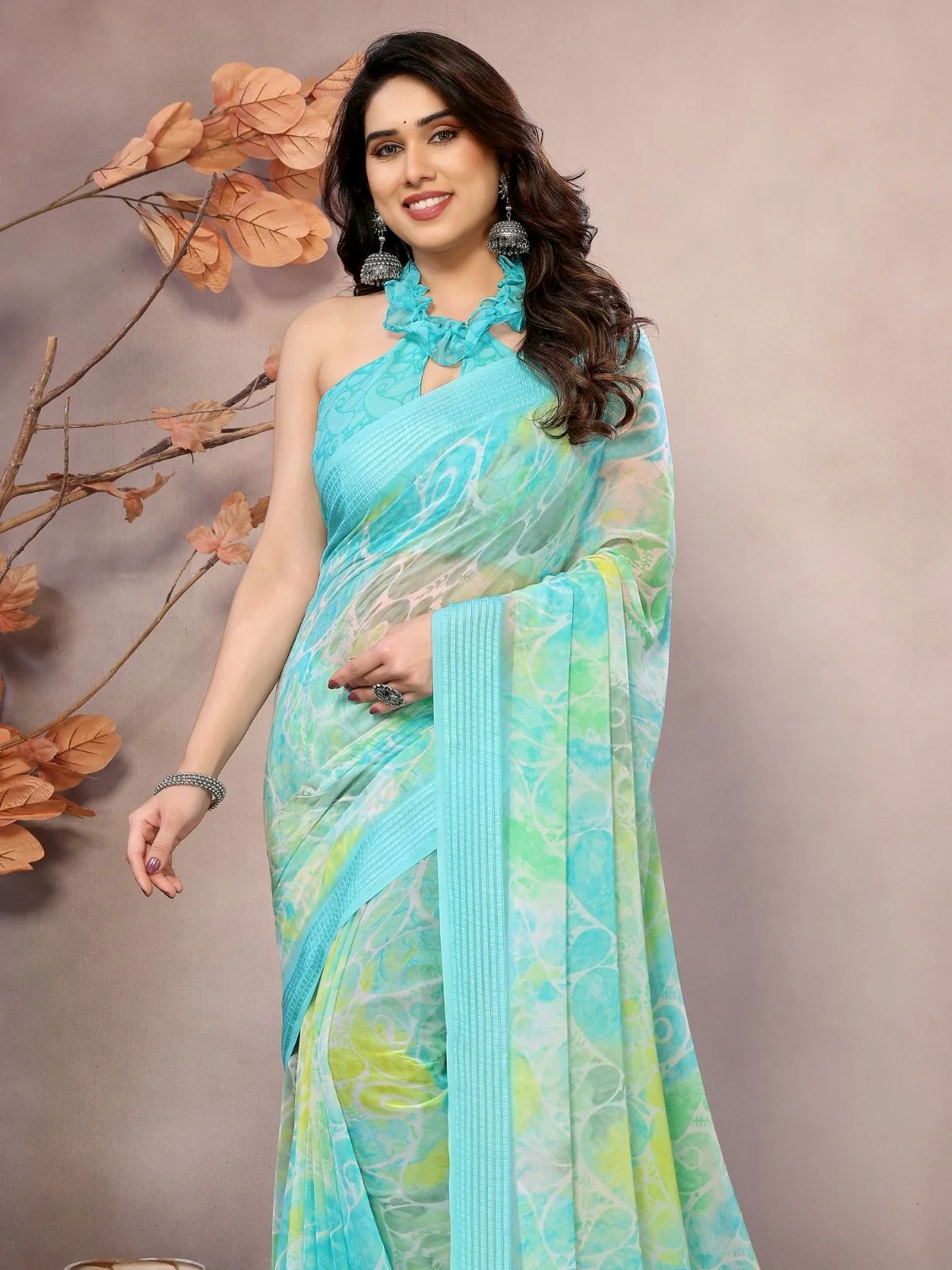 Odette Aqua Blue Georgette Printed Saree For Women - Image 4