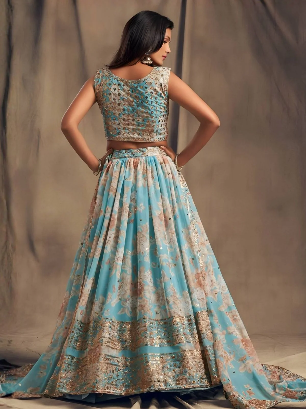 Odette Aqua Blue Organza Printed And Embriodered Semi-Stitched Lehenga For Women - Image 2