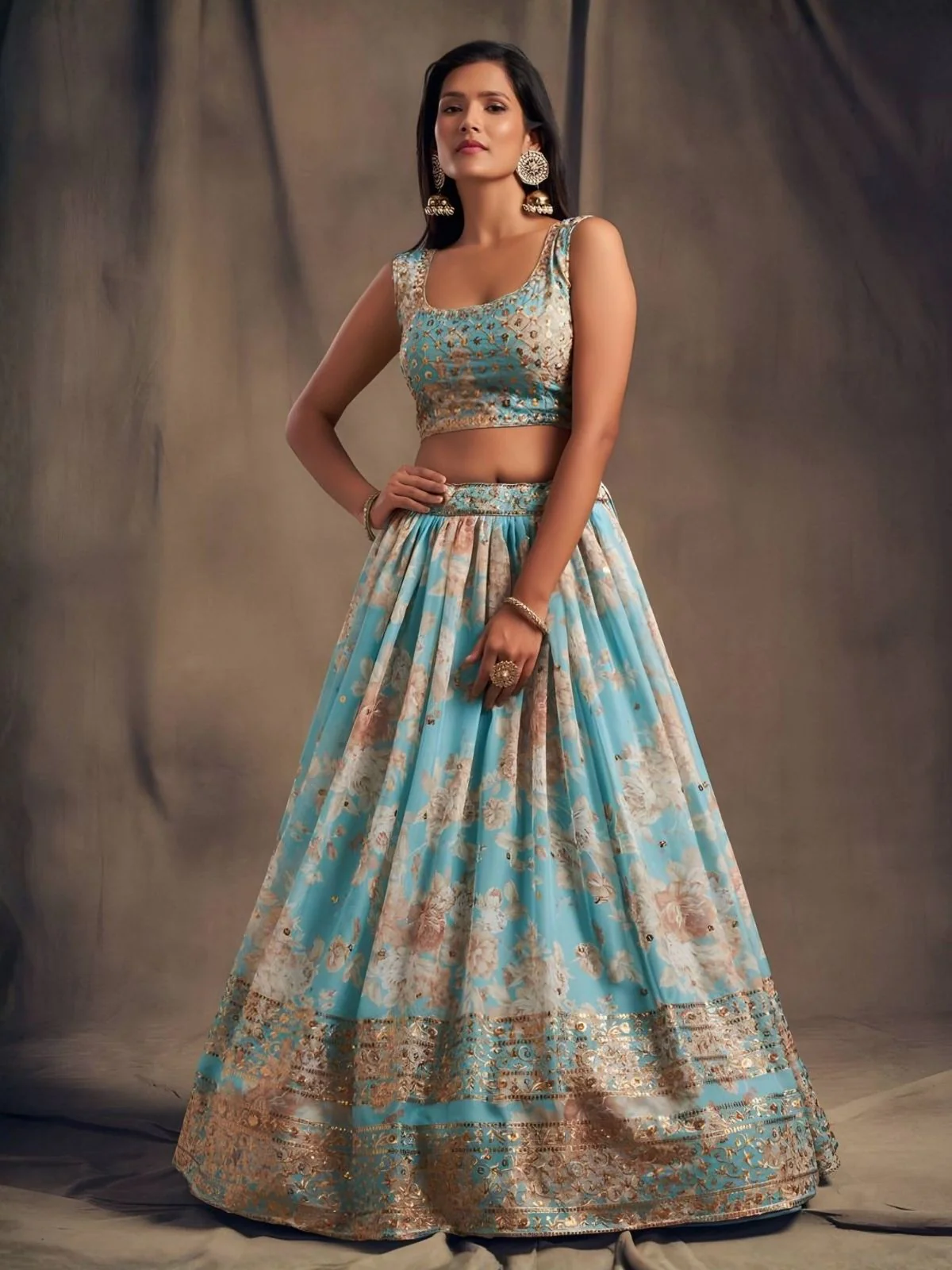 Odette Aqua Blue Organza Printed And Embriodered Semi-Stitched Lehenga For Women - Image 3