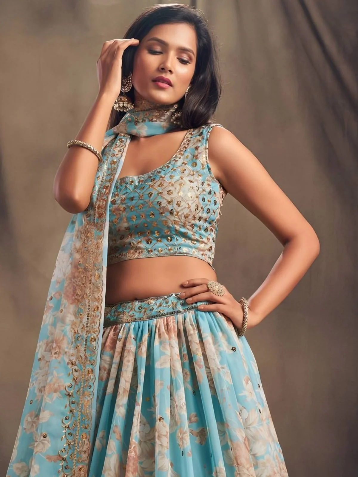 Odette Aqua Blue Organza Printed And Embriodered Semi-Stitched Lehenga For Women - Image 4