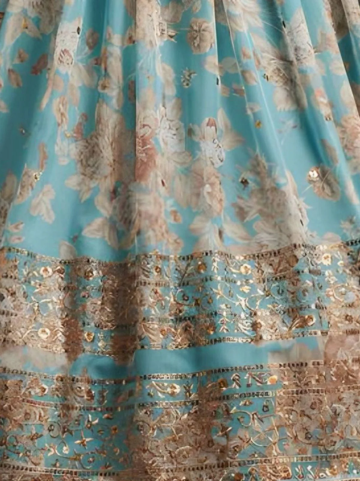 Odette Aqua Blue Organza Printed And Embriodered Semi-Stitched Lehenga For Women - Image 5