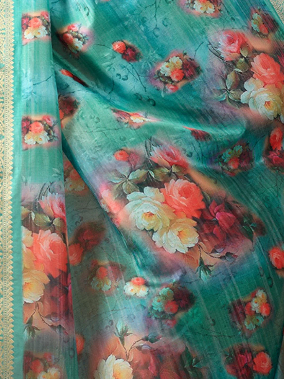 Odette Aqua Blue Silk Blend Printed Saree For Women - Image 5