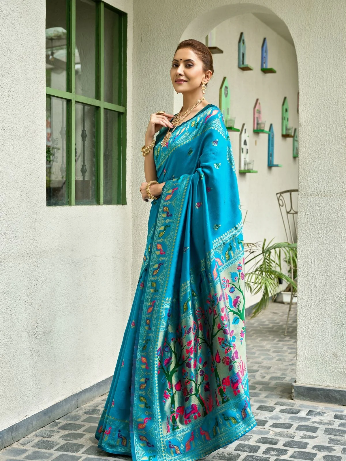 Odette Aqua Blue Silk Woven Paithani Saree For Women - Image 2