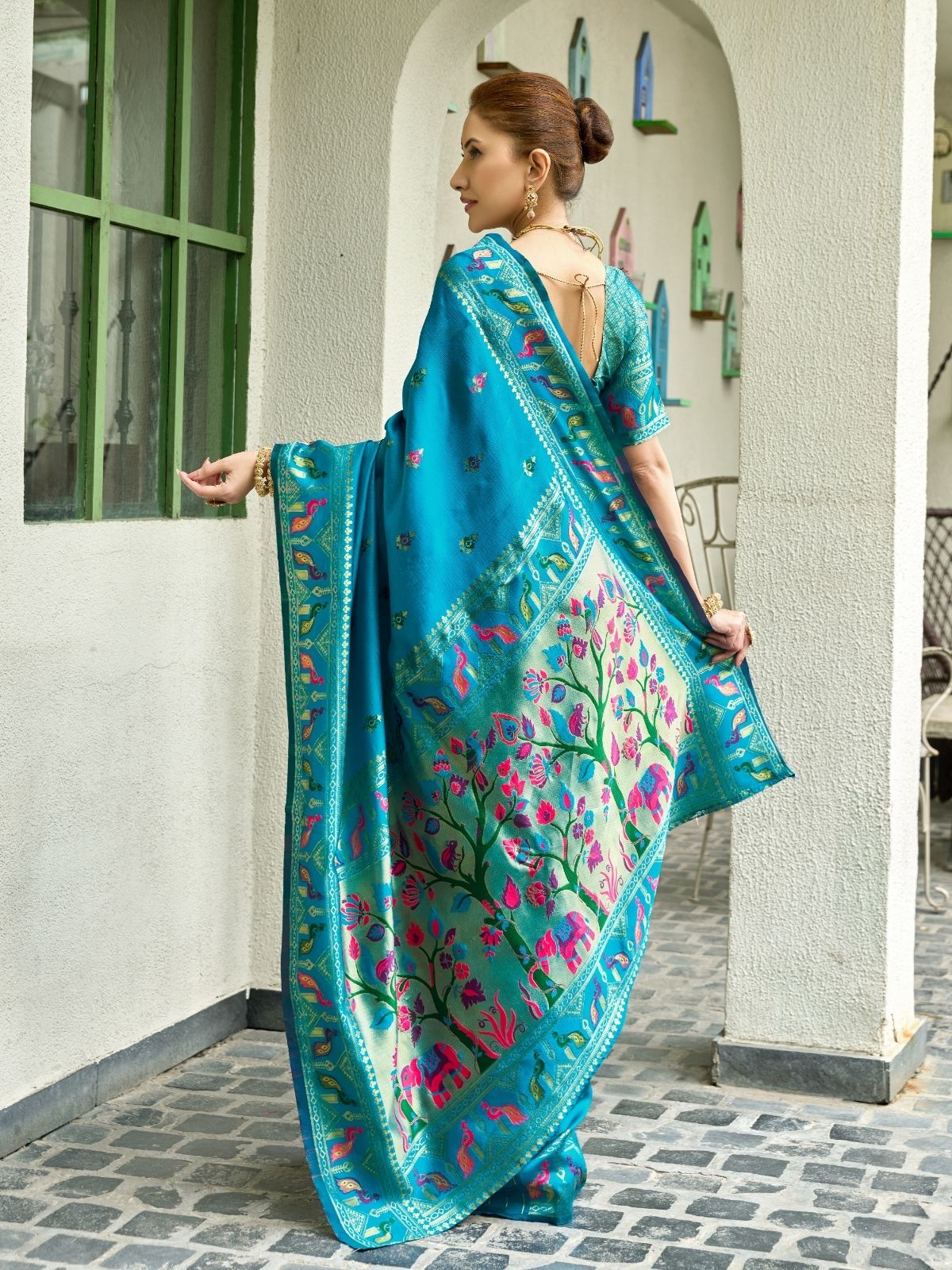 Odette Aqua Blue Silk Woven Paithani Saree For Women - Image 3