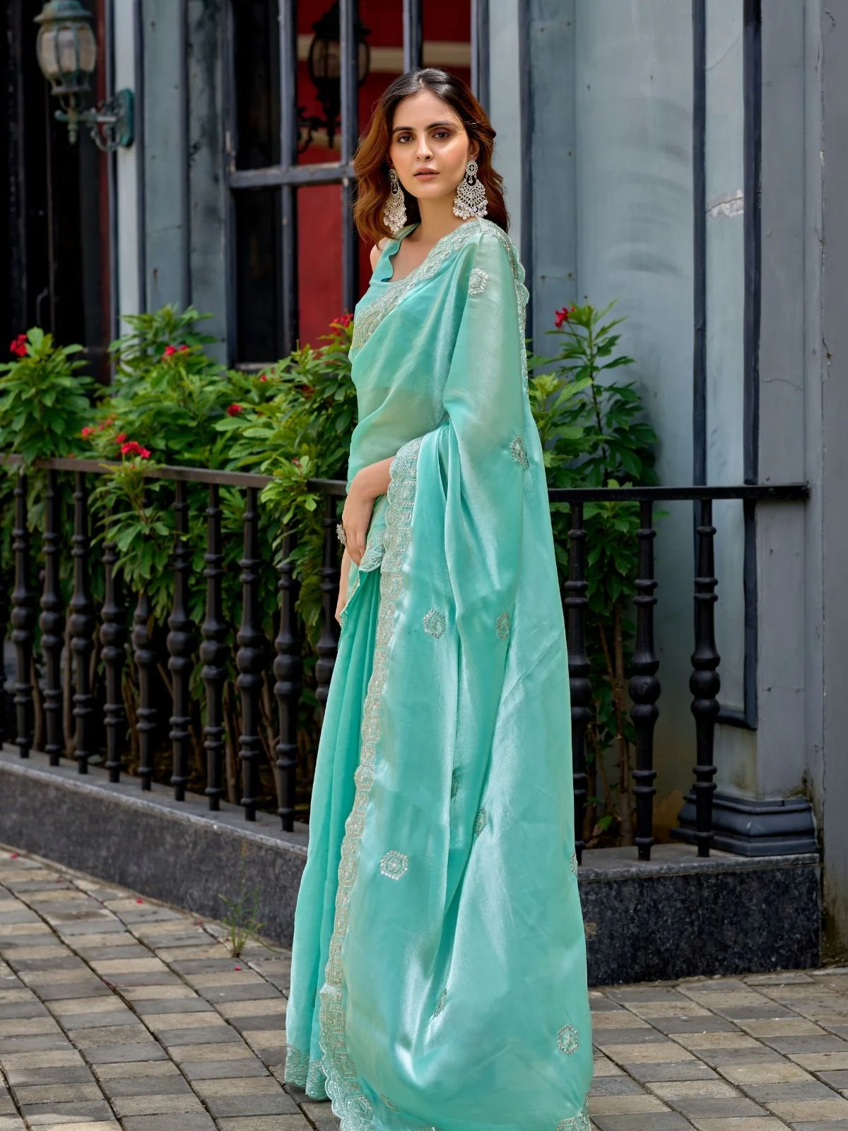 Odette Aqua Chiffon Embellished Saree For Women - Image 3