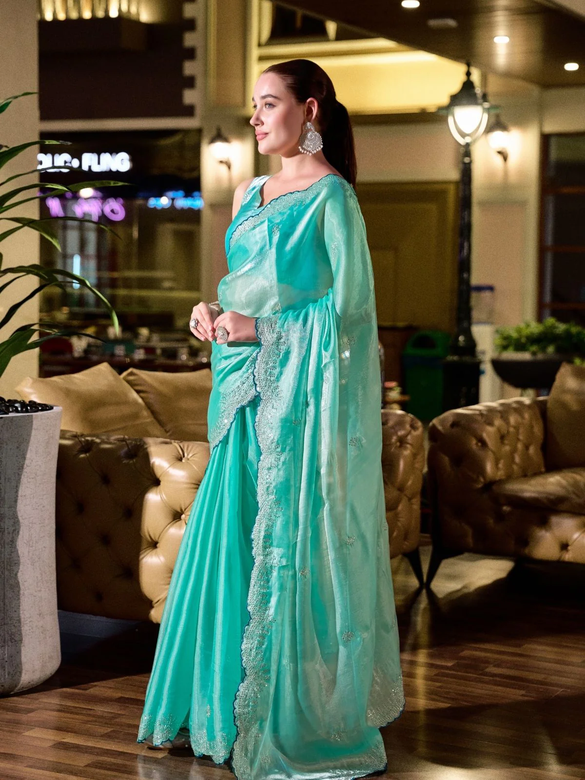 Odette Aqua Green Chiffon Embellished Saree For Women - Image 2