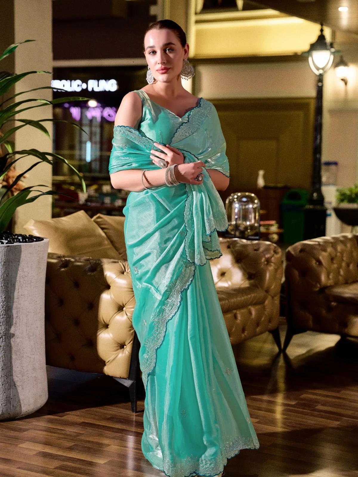 Odette Aqua Green Chiffon Embellished Saree For Women - Image 3