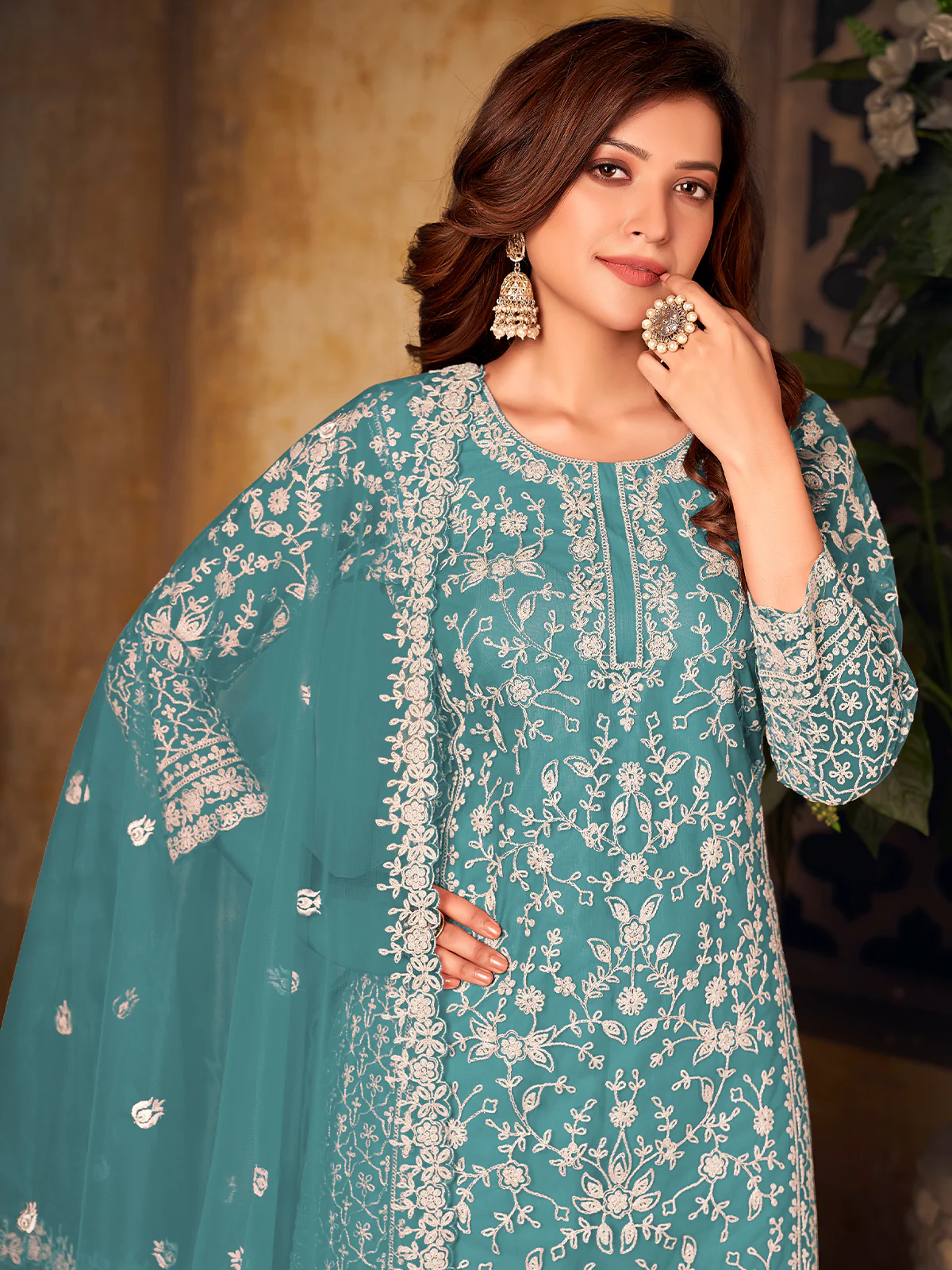 Odette Aqua Net Embroidered Semi stitched Kurta Set with Inner For Women - Image 3