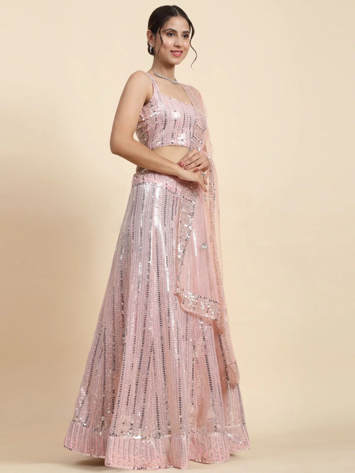 Odette Baby Pink Georgette Embellished Semi-Stitched Lehenga For Women - Image 2