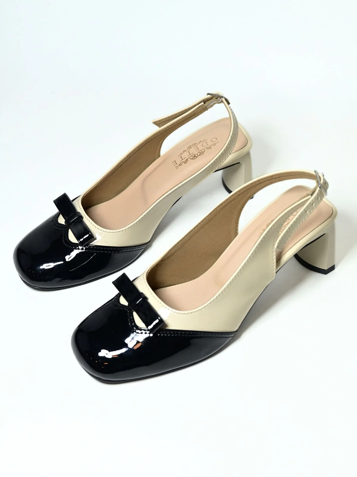 Odette Beige And Black PU Solid Heels Women - Image 3
