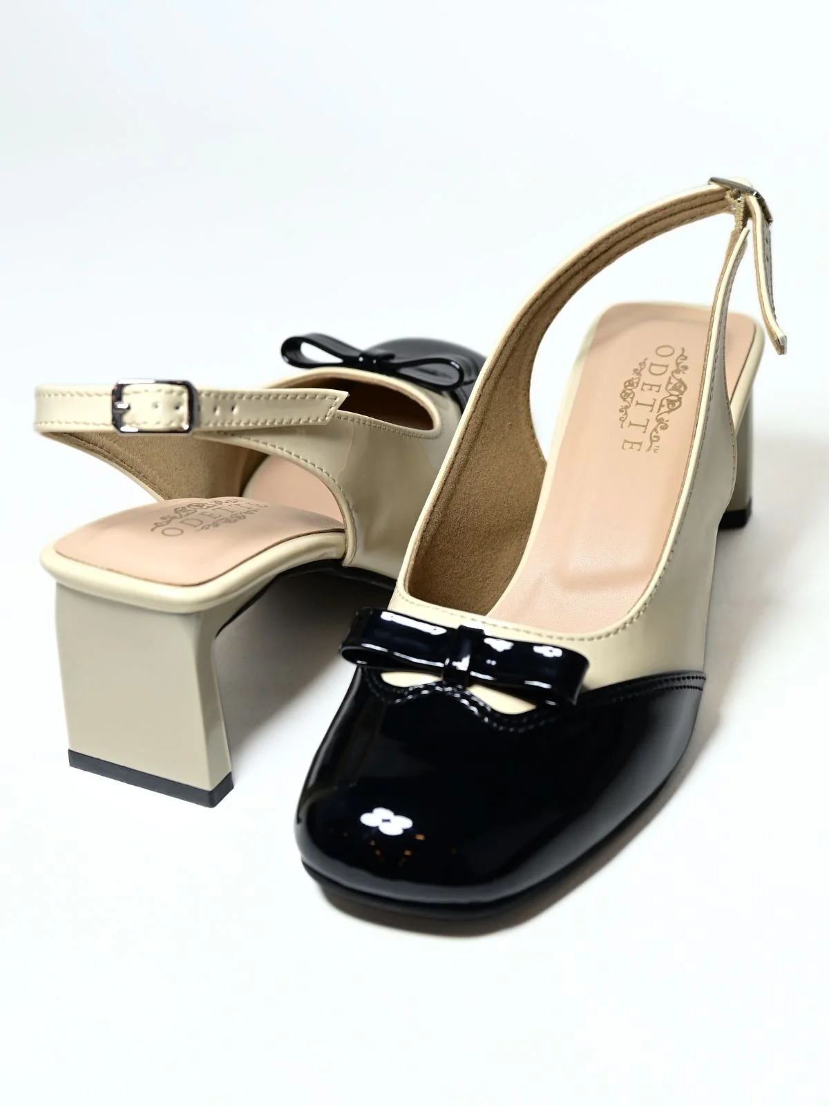 Odette Beige And Black PU Solid Heels Women - Image 5