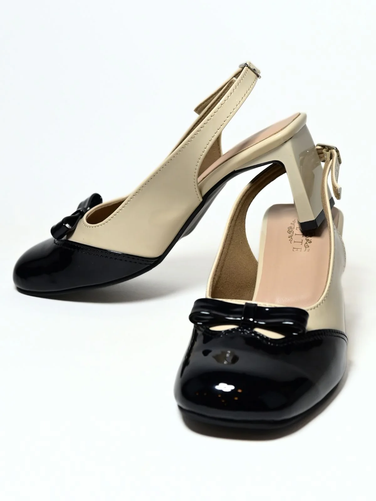 Odette Beige And Black PU Solid Heels Women - Image 6