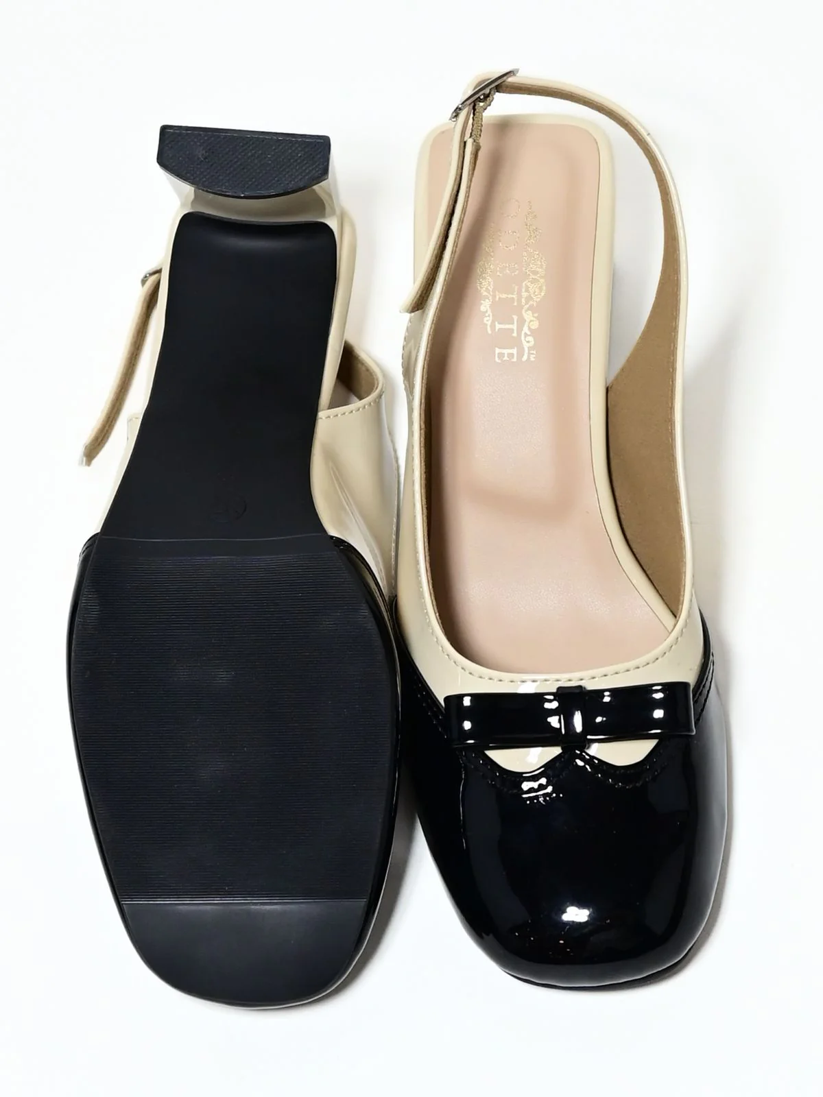 Odette Beige And Black PU Solid Heels Women - Image 8
