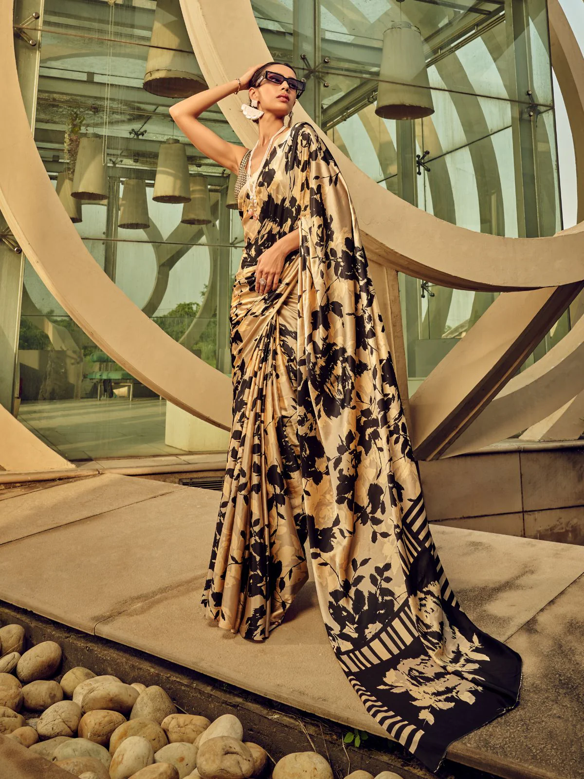 Odette Beige And Black Satin Printed Saree With Unstitched Blouse For Women