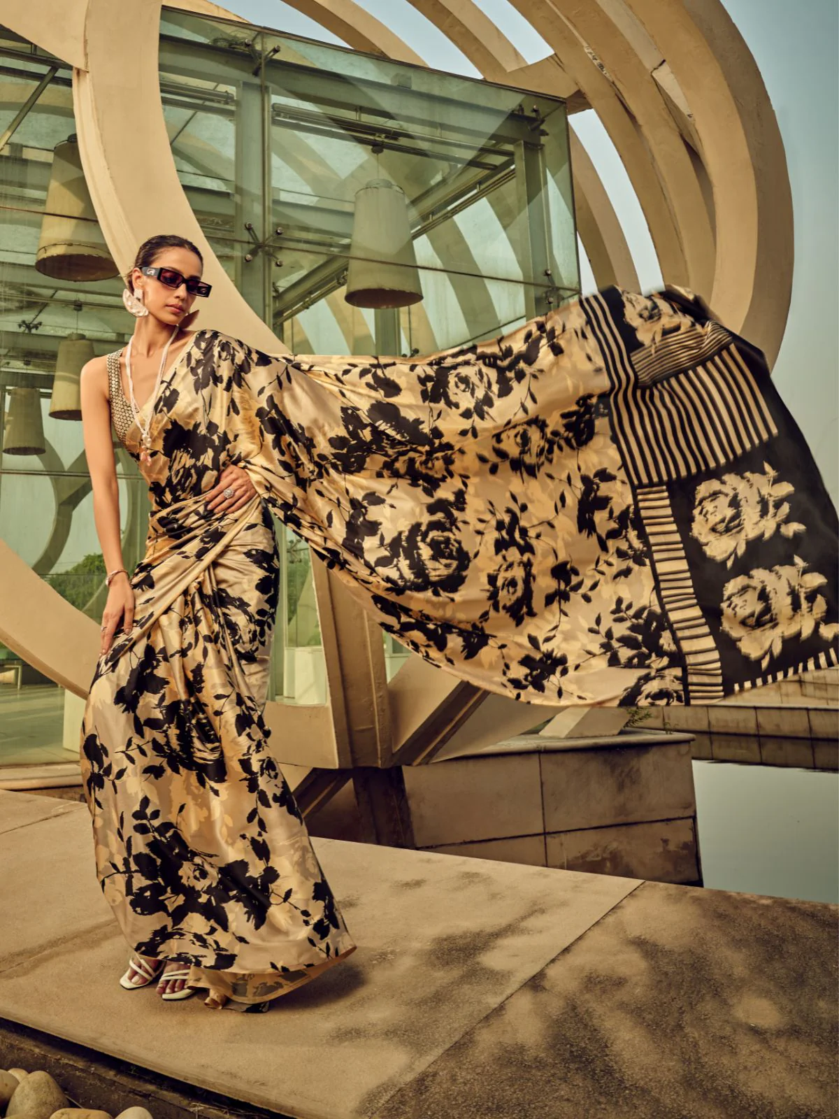 Odette Beige And Black Satin Printed Saree With Unstitched Blouse For Women - Image 2