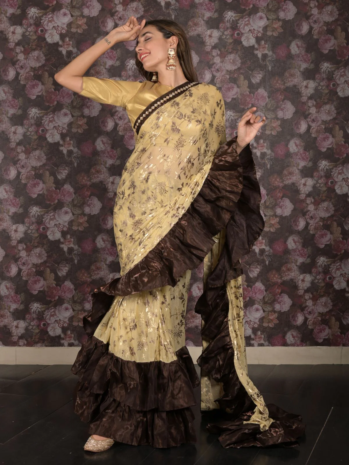 Odette Beige and Brown Foil Printed Ruffles Lycra Saree for Women - Image 2
