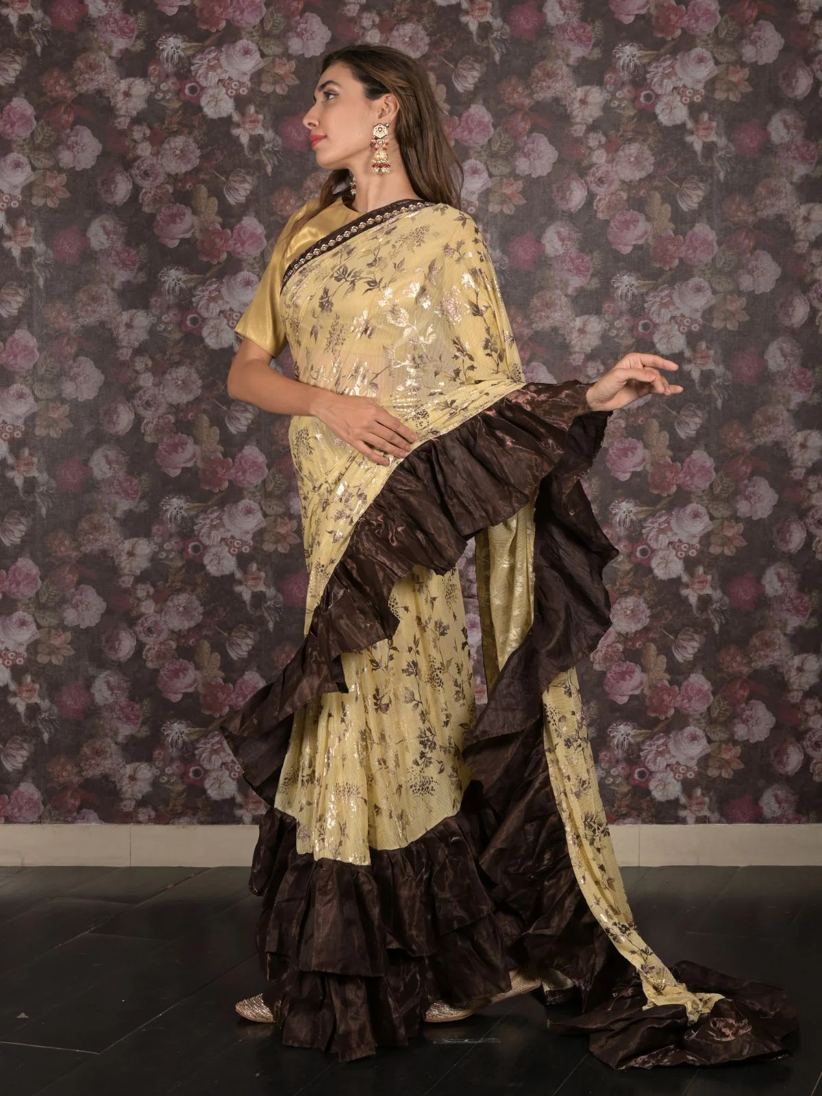 Odette Beige and Brown Foil Printed Ruffles Lycra Saree for Women - Image 3