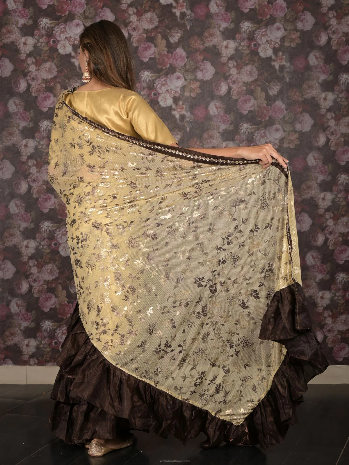 Odette Beige and Brown Foil Printed Ruffles Lycra Saree for Women - Image 4