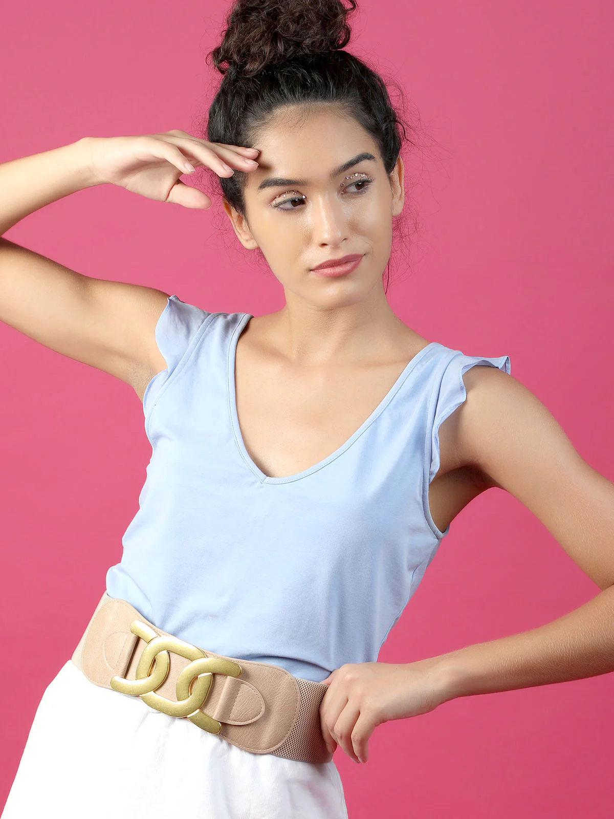 Odette Beige And Gold PU Metallic Design Belt For Women - Image 6