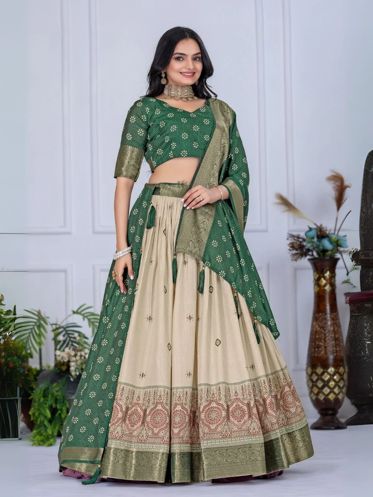 Odette Beige And Green Silk Blend Printed Semi-Stitched lehenga For Women - Image 2
