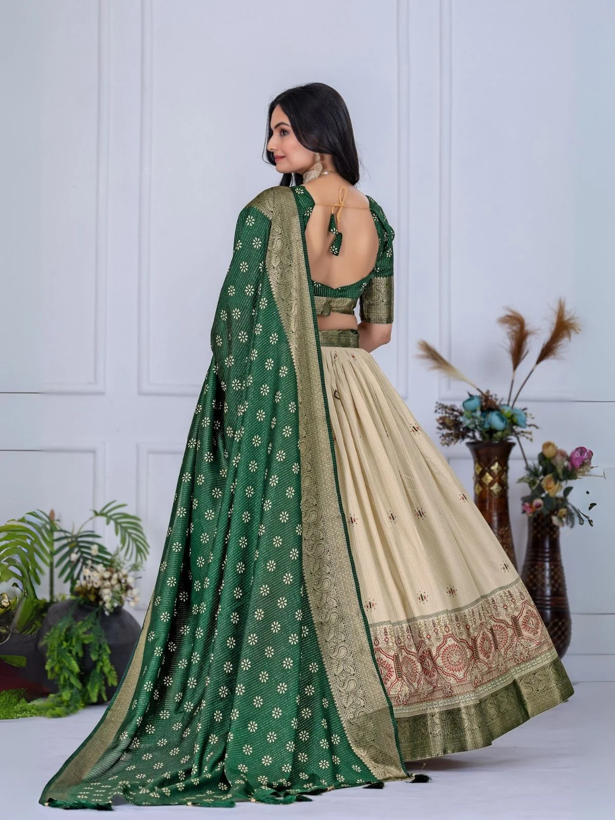 Odette Beige And Green Silk Blend Printed Semi-Stitched lehenga For Women - Image 3