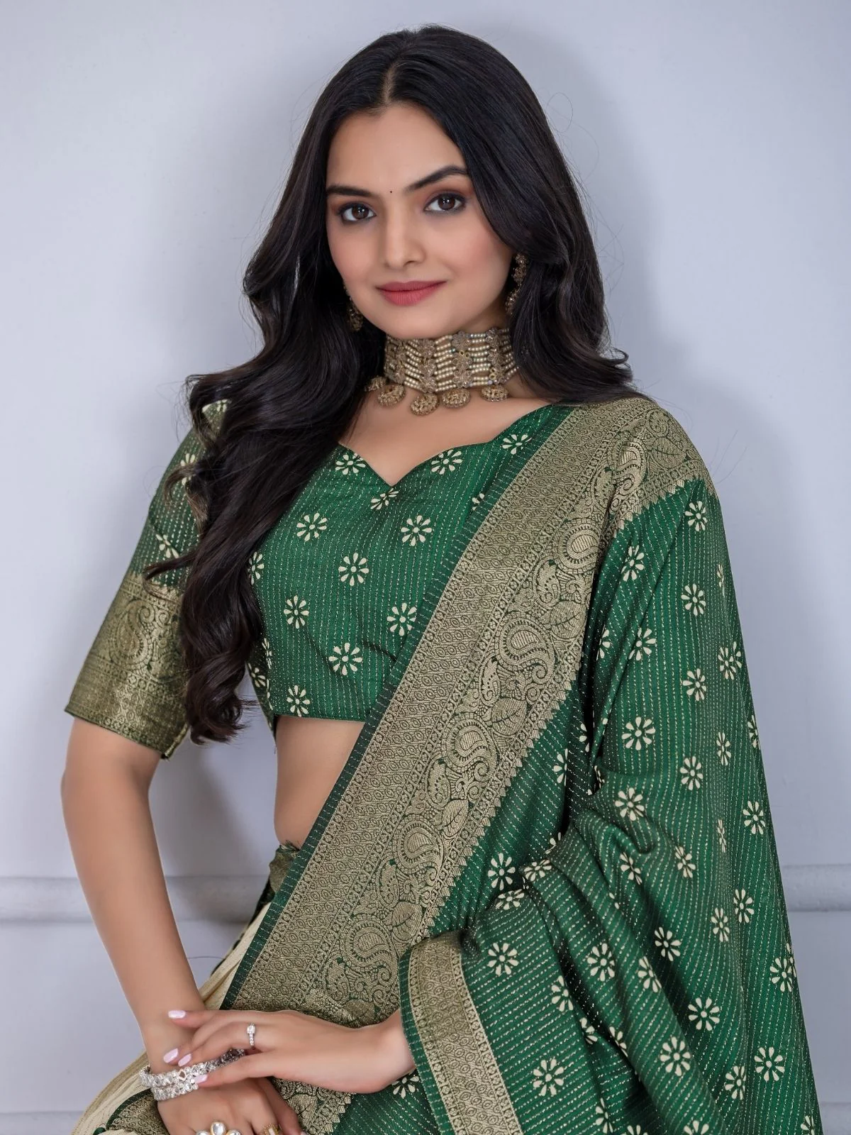 Odette Beige And Green Silk Blend Printed Semi-Stitched lehenga For Women - Image 4