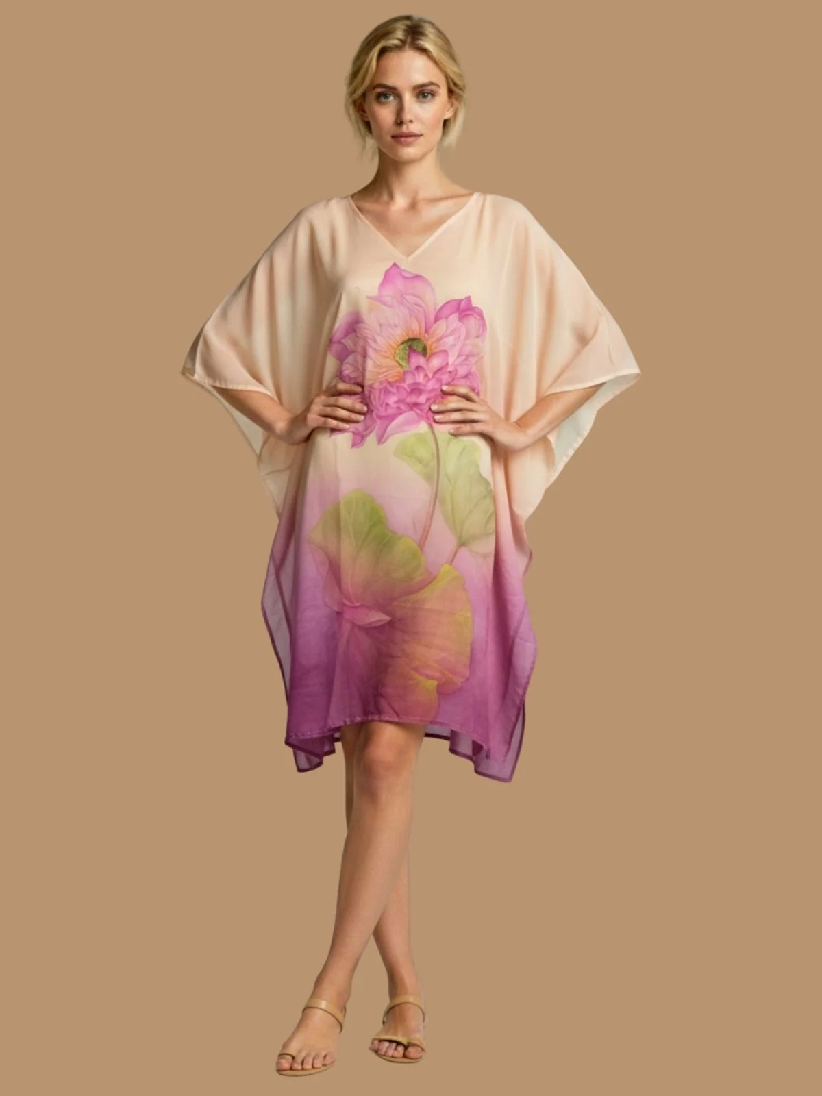 Odette Beige And Pink Cotton Blend Printed Kaftan For Women