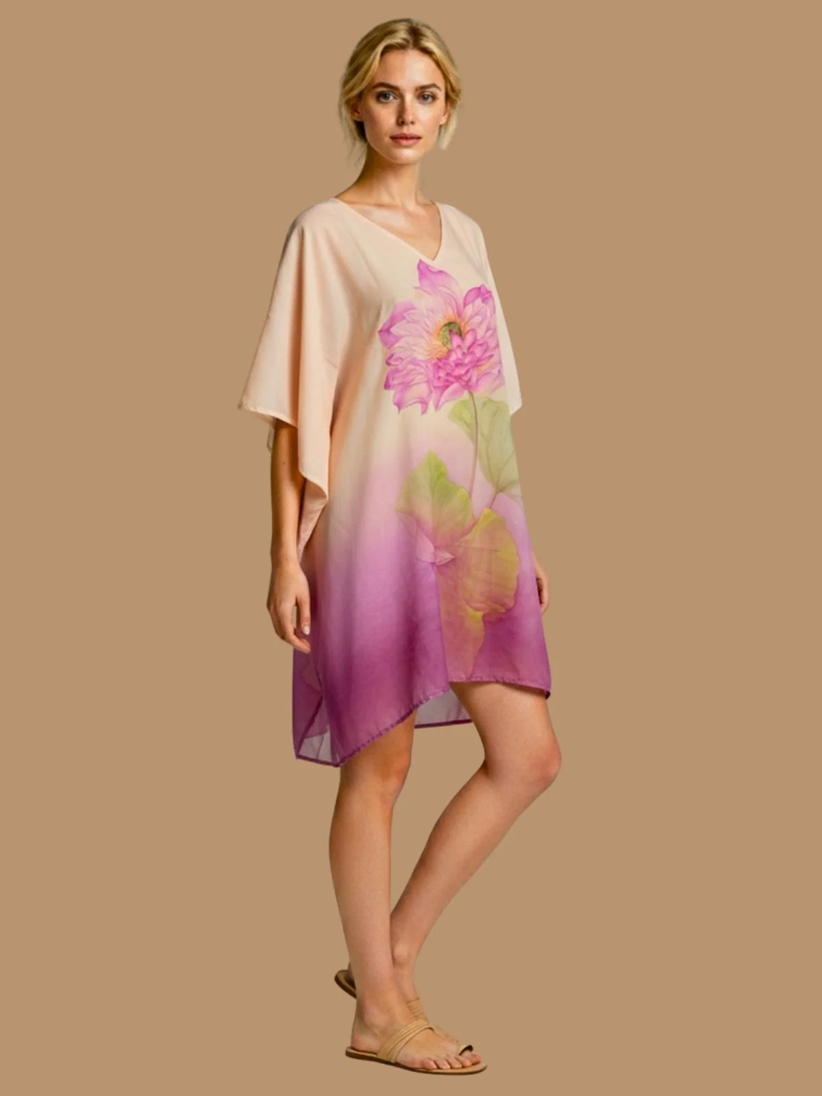 Odette Beige And Pink Cotton Blend Printed Kaftan For Women - Image 2
