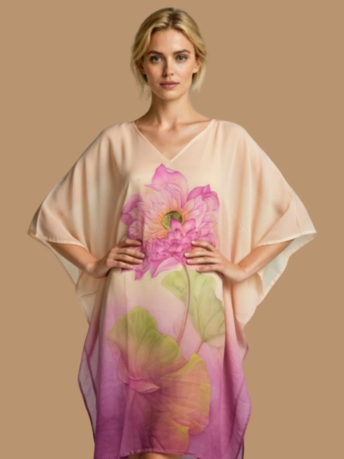 Odette Beige And Pink Cotton Blend Printed Kaftan For Women - Image 4