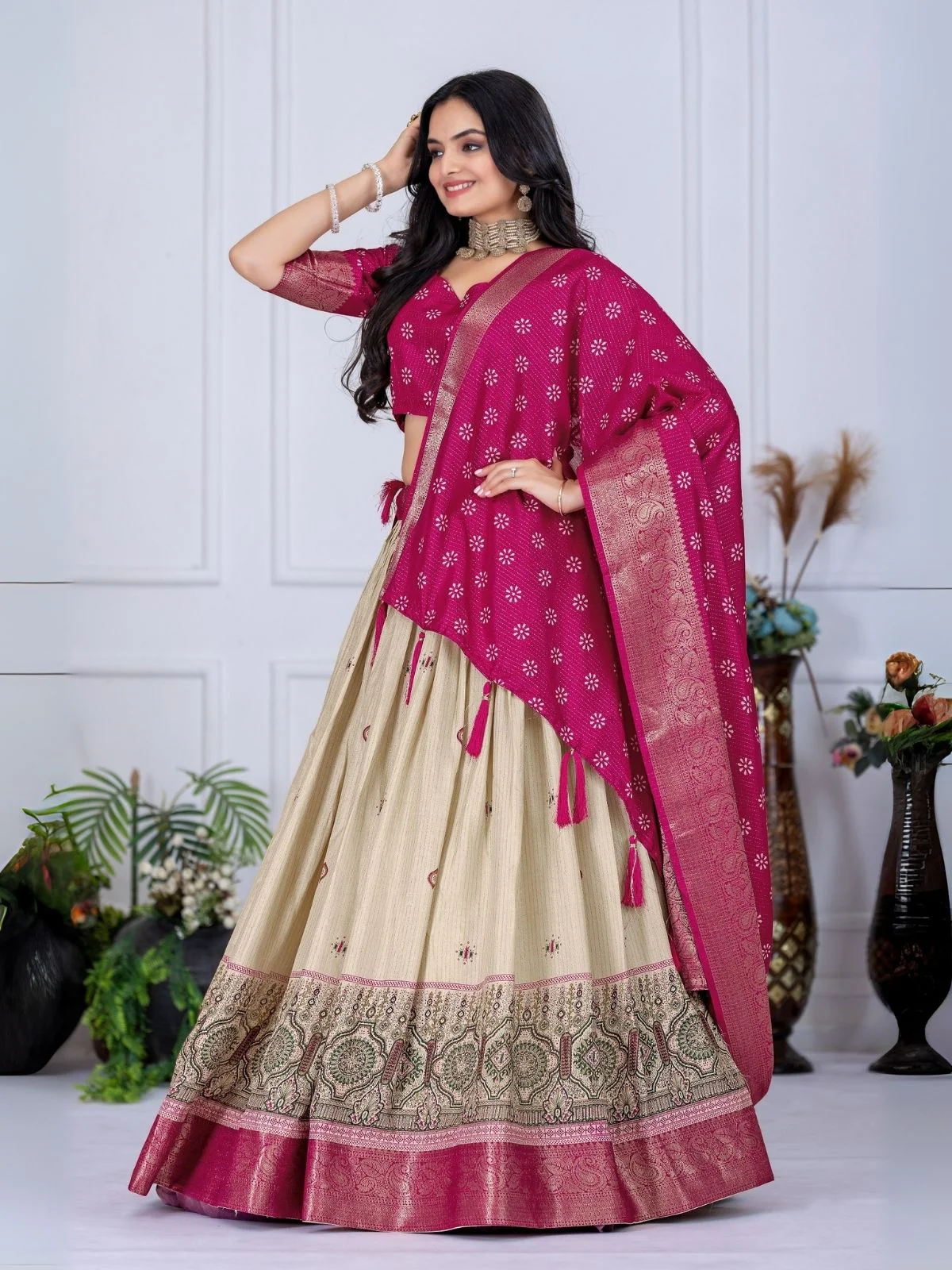 Odette Beige And Pink Silk Blend Embroidered Semi-Stitched lehenga For Women - Image 3
