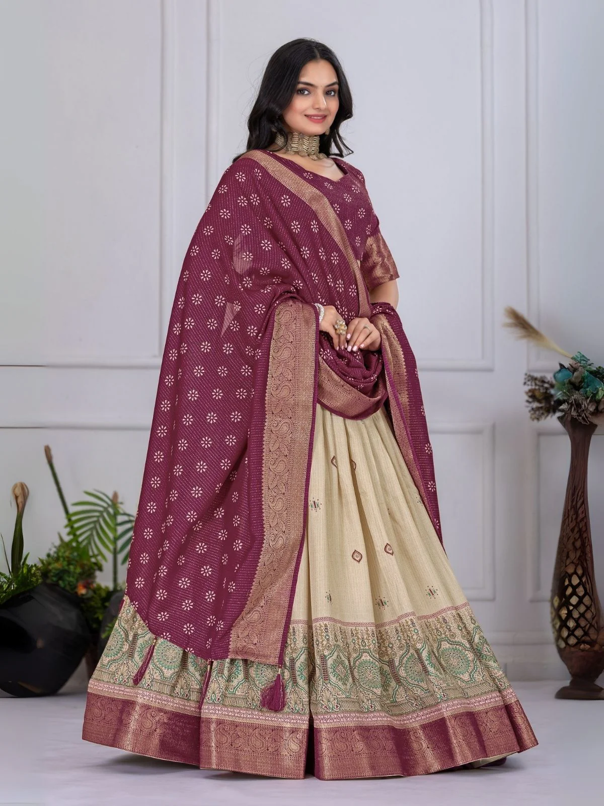 Odette Beige And Purple Silk Blend Printed Semi-Stitched lehenga For Women - Image 2