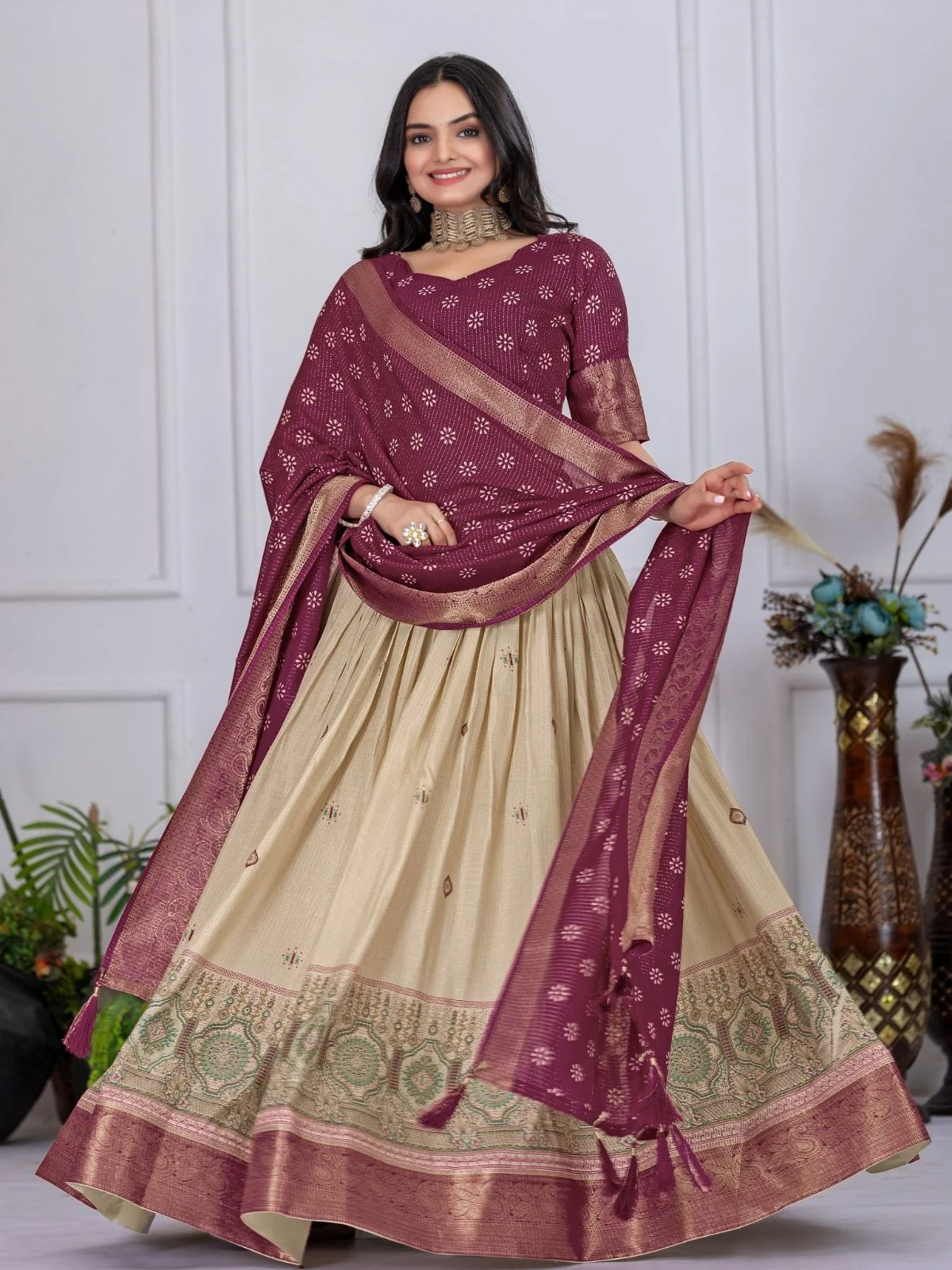 Odette Beige And Purple Silk Blend Printed Semi-Stitched lehenga For Women - Image 4