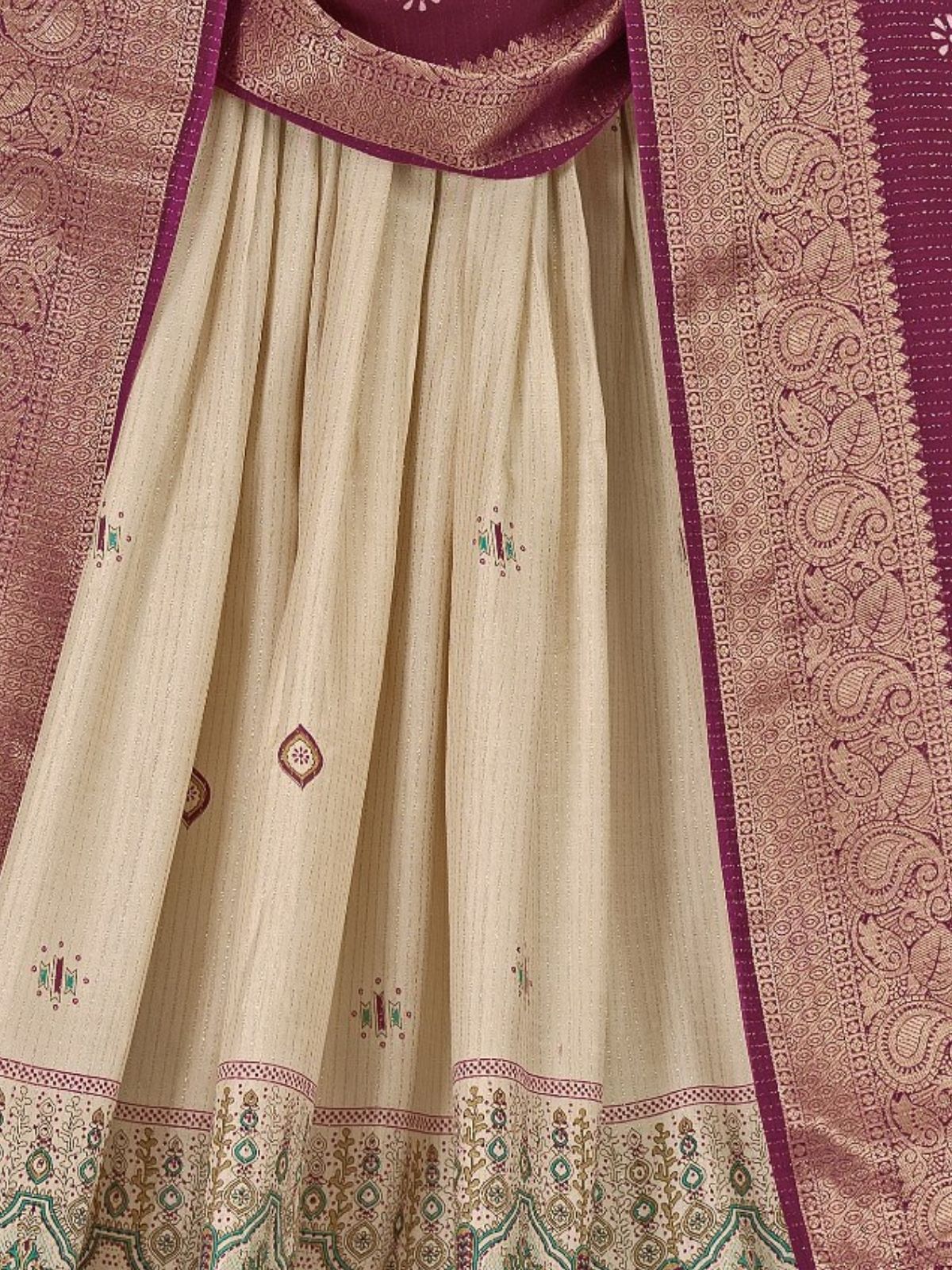 Odette Beige And Purple Silk Blend Printed Semi-Stitched lehenga For Women - Image 6