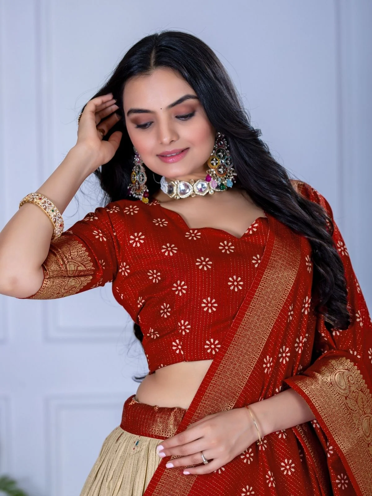 Odette Beige And Red Silk Blend Printed Semi-Stitched lehenga For Women - Image 4