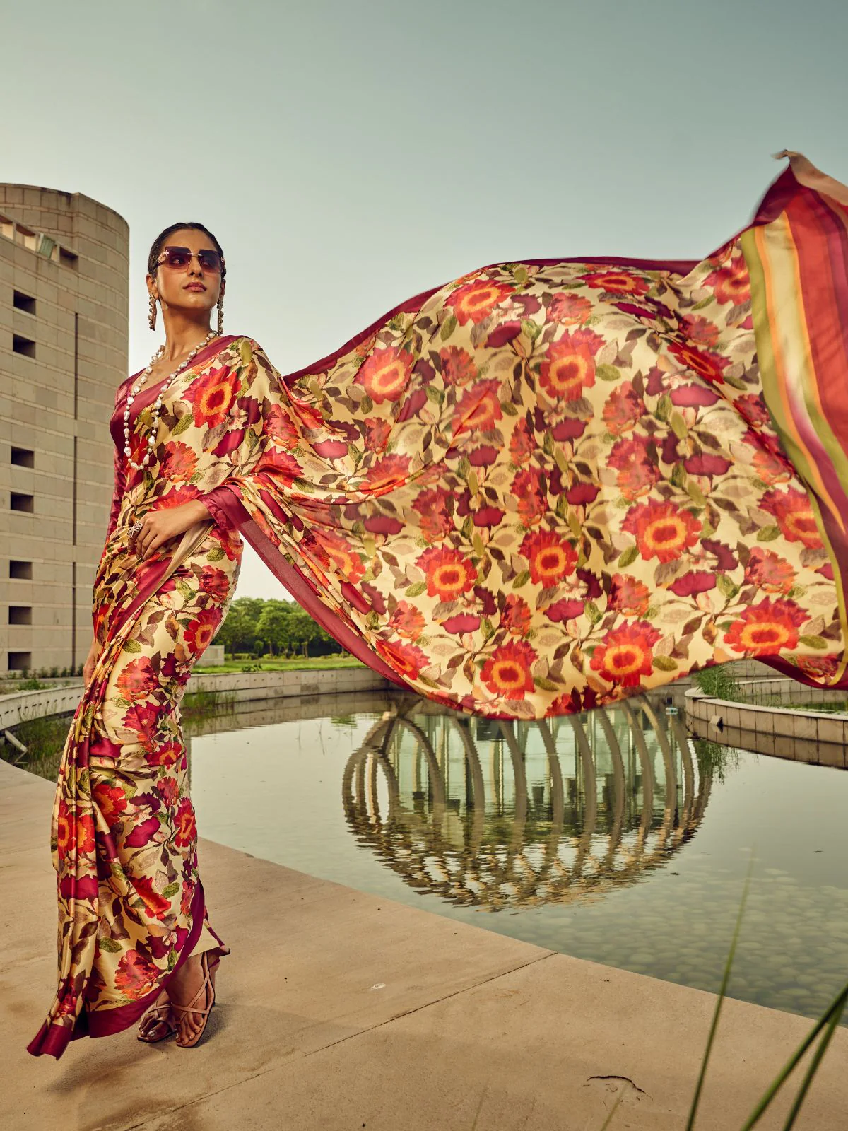 Odette Beige And Rust Satin Printed Saree With Unstitched Blouse For Women
