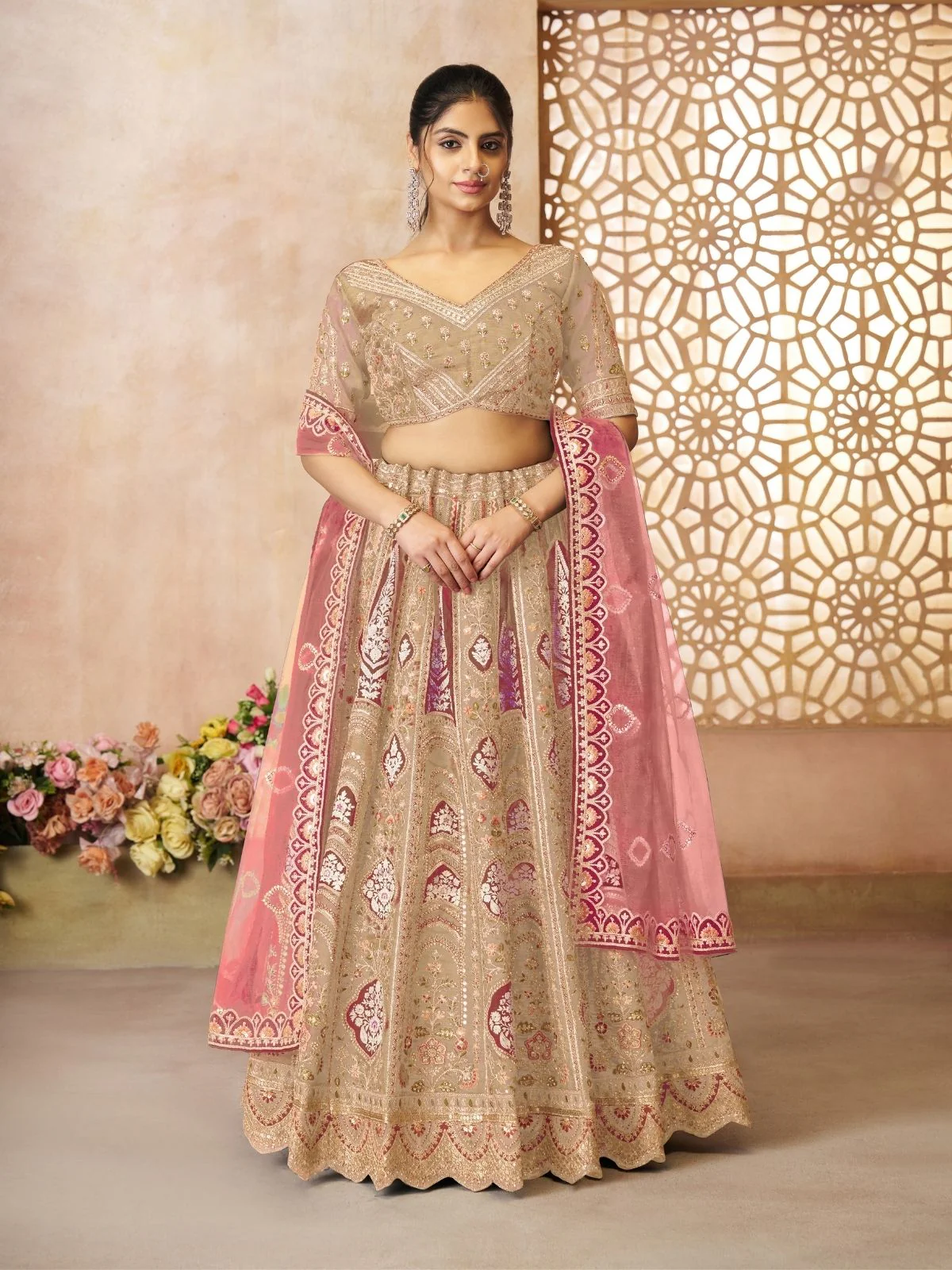 Odette Beige Banarasi Silk Embroidered Semi-Stitched Lehenga For Women - Image 2